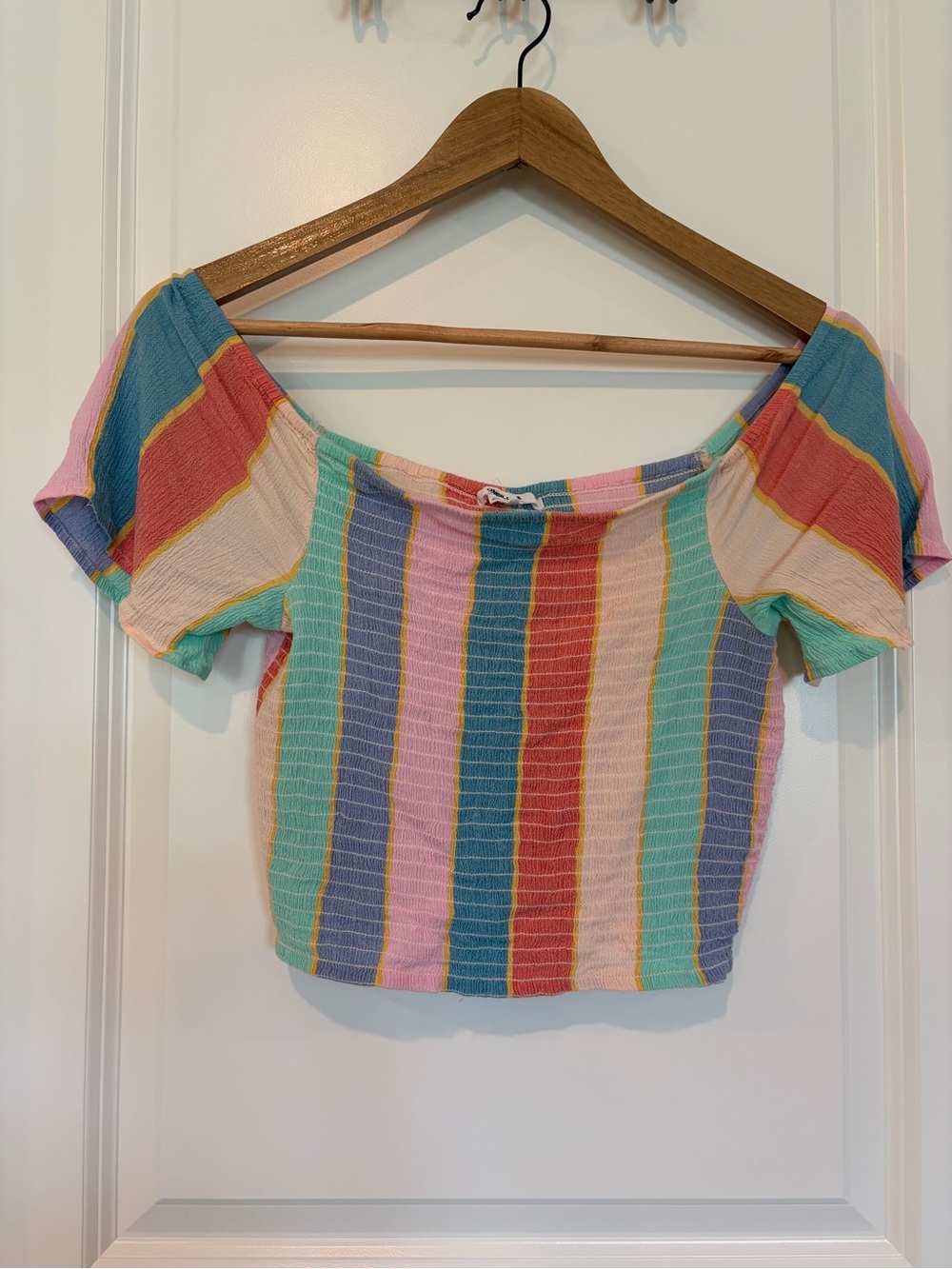 O'Neill Ally Smocked Off-The-Shoulder Multicolor Striped Crop Top Size Small